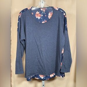 Esmara Blue Long Sleeve Floral Sheer Back Detail Size Large P2P 27”